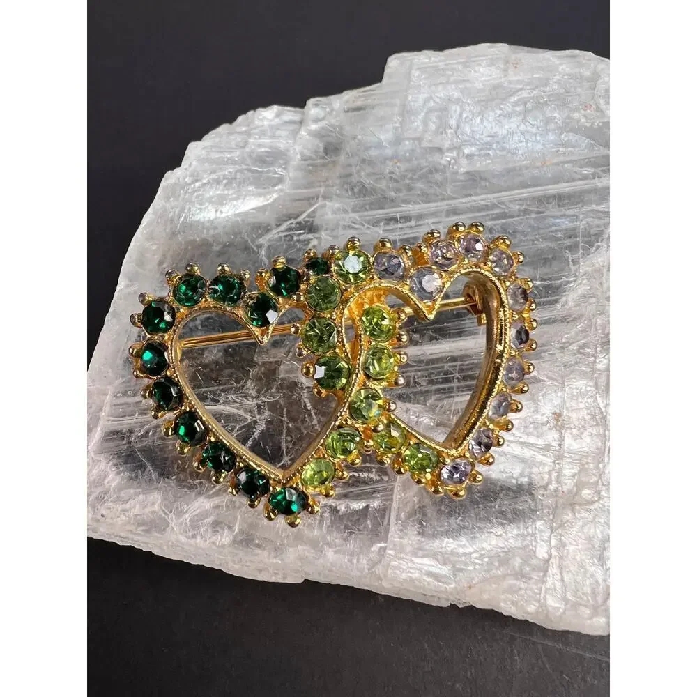 Vintage Gold Tone Double Heart Green Clear Rhinestone Brooch